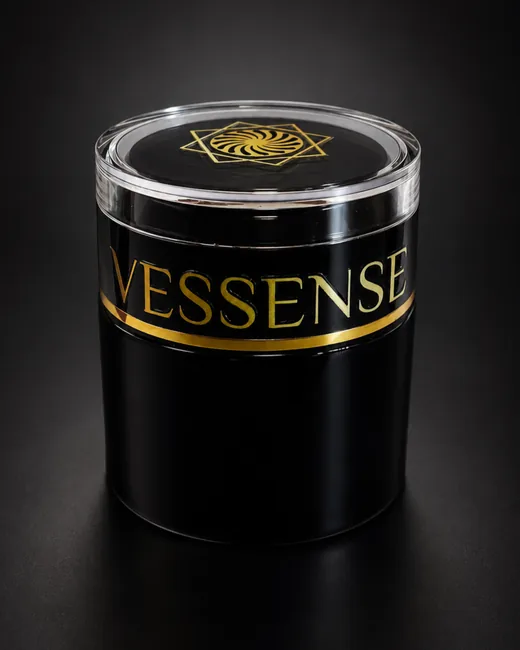 Vaso VESSENSE in vetro nero lucido con lettere d'oro, ritratto in studio