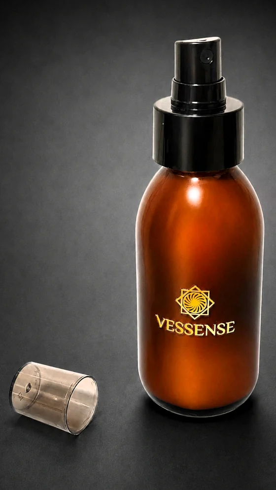 Latte solare VESSENSE LE VOILE GRAND LARGE in flacone da 100 ml di vetro ambrato scuro con pompa nera